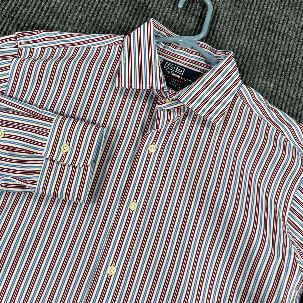 Polo Ralph Lauren Shirt Mens 16.5 34-35 Blue Red Striped Button Up Regent Fit